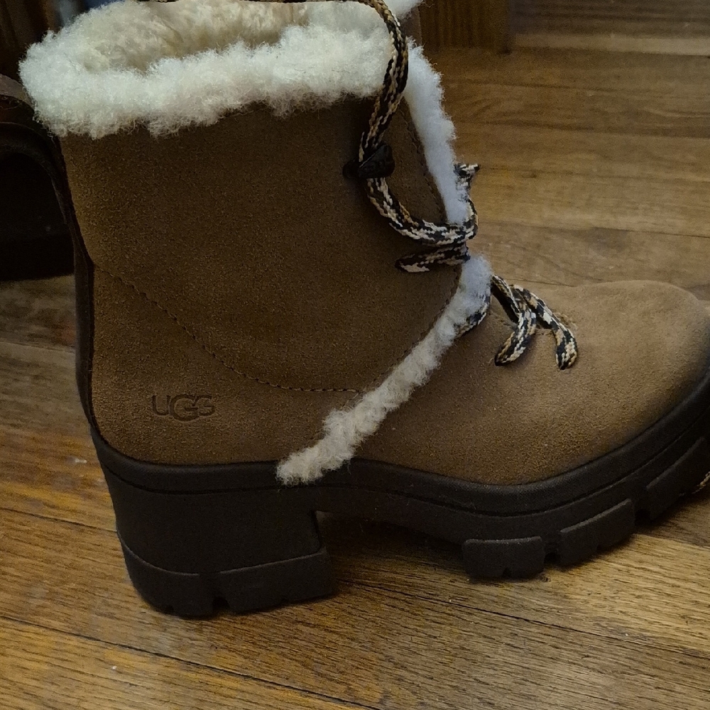UGG Tan and Cream Lace-Up Shearling Boots - Picture 2 of 4